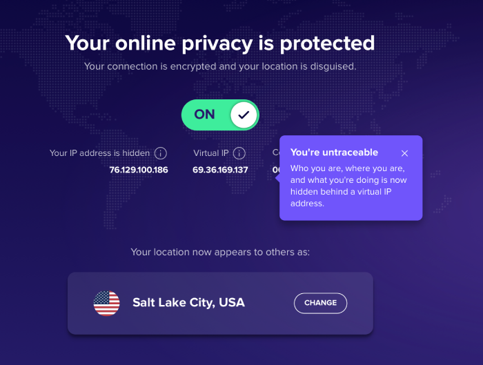 Avast SecureLine VPN's main screen showing that your device is connected.