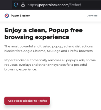 Poper Blocker page advertising extensions for Chrome, Edge, and Firefox.