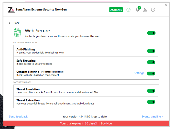The ZoneAlarm dashboard under the Web Secure section, which includes toggles for anti-phishing, safe browsing, content filtering, threat emulation, and threat extraction.