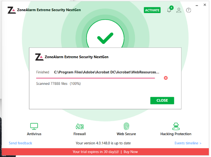 ZoneAlarm dashboard with a pop-up indicated it's completed a malware scan. 