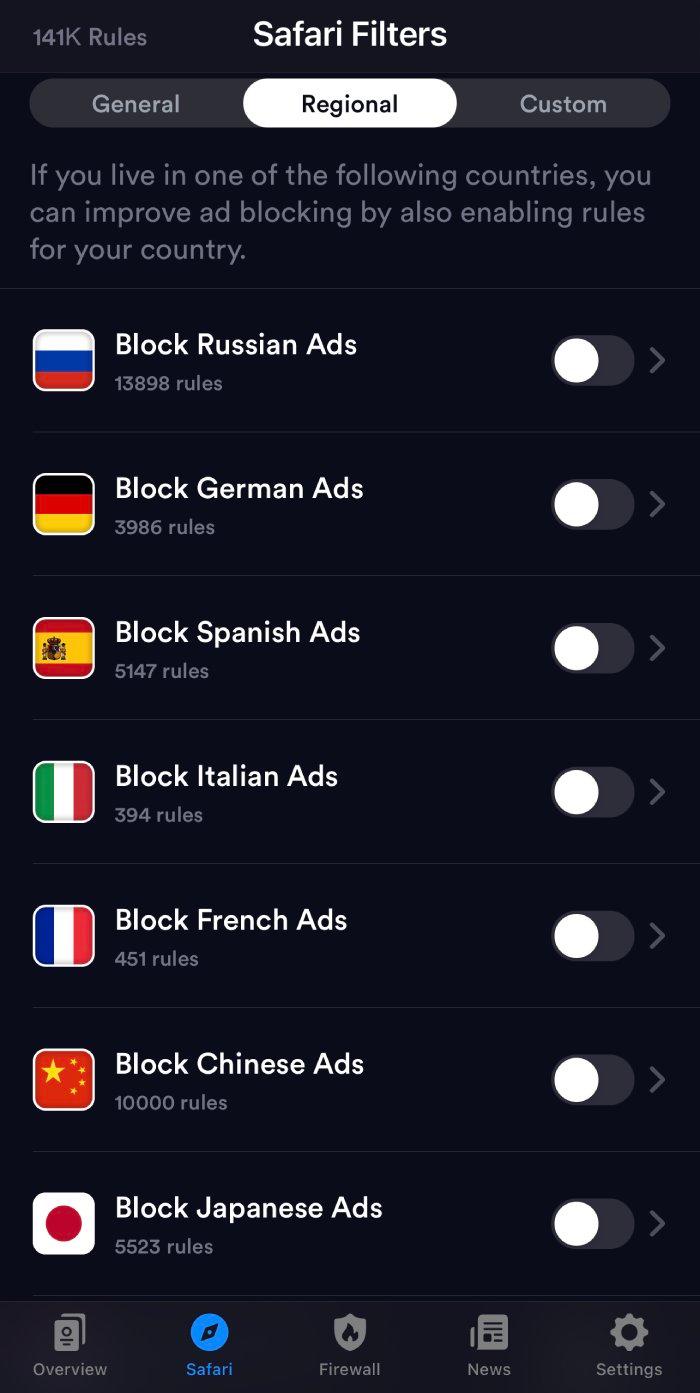 1Blocker's list of regional filters to use for ad blocking on Safari.