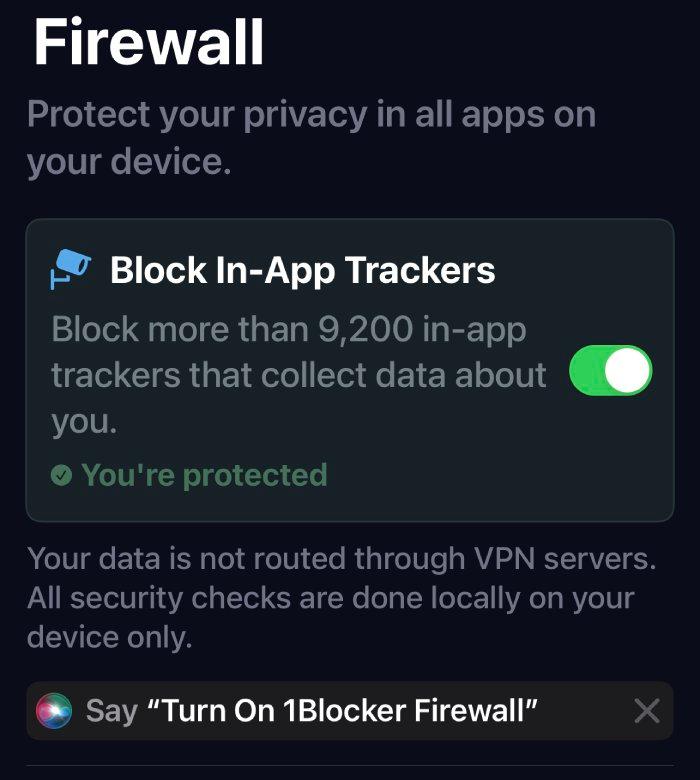 1Blocker's firewall feature, which can be used to block in-app trackers.