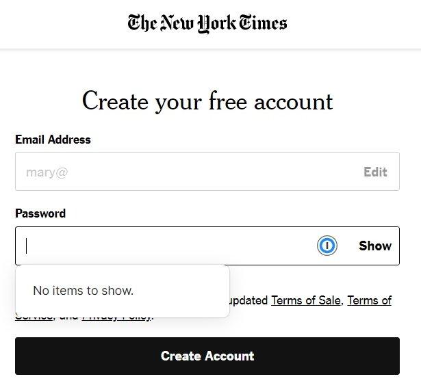 The New York Times page to create a free account with 1Password's autofill not working.