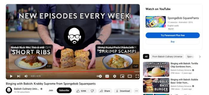 A Binging With Babish YouTube video with no ads interrupting the video.