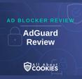 A blue background with images of locks and shields with the text &quot;Ad Blocker Review AdGuard Review&quot; and the All About Cookies logo. 