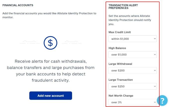 The transaction alert preferences for your financial accounts on the Allstate Identity Theft Protection site.