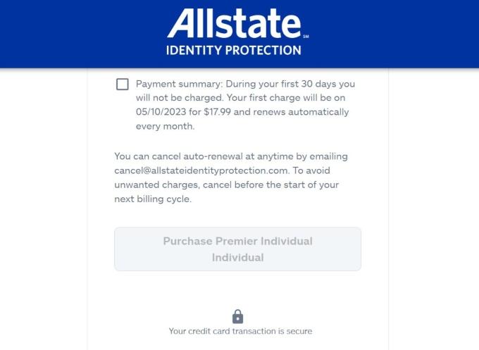 Allstate Identity Theft Protection payment summary along with details on how the cancellation process works.
