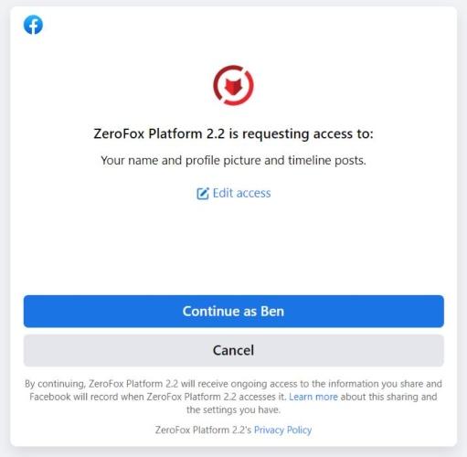 ZeroFox Platform 2.2. pop-up requesting social media account access.