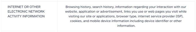 A section of Allstate Identity Theft Protection's privacy policy indicating the data and activity it collects.