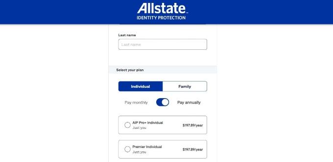 The Allstate Identity Protection pricing plans for individuals with the toggle for monthly.