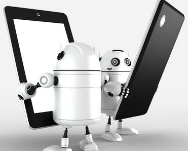 two white robot android holding android phone and tablet devices