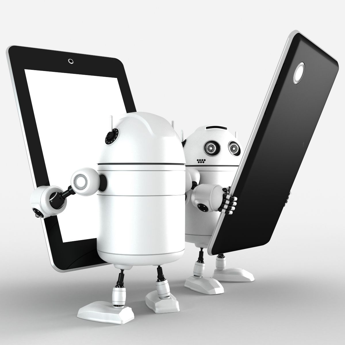 two white robot android holding android phone and tablet devices