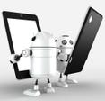 two white robot android holding android phone and tablet devices