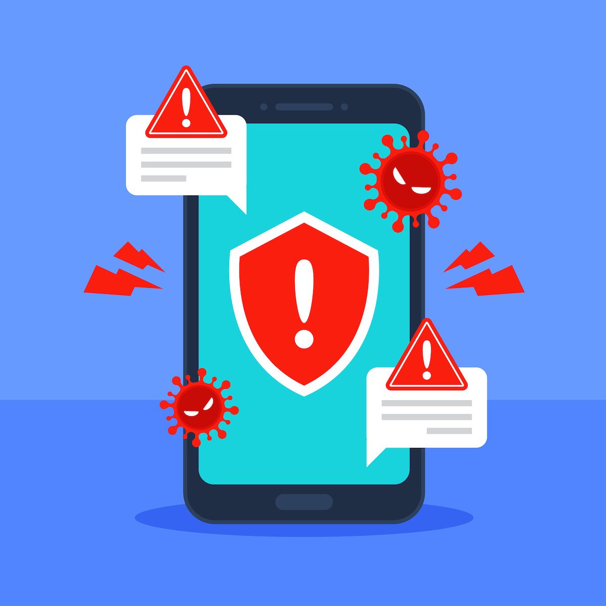 An illustration of cybersecurity threats discovered on a smartphone. Some may be false positives, or incorrectly flagged legitimate programs.