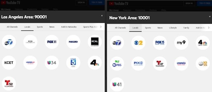 Changing your location on YouTube TV gets you access to different local channels as you can see in this comparison of local Los Angeles channels vs. local New York City channels.