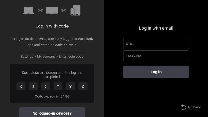 Surfshark's Fire TV Stick app with the option to login with a code or with your email.