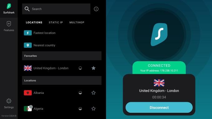 The Surfshark app with available server locations, favorite server list, and a list of locations.