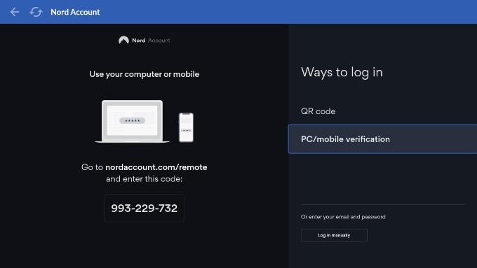 NordVPN's Fire TV Stick app with the option to login with a QR code or with PC/mobile verification/