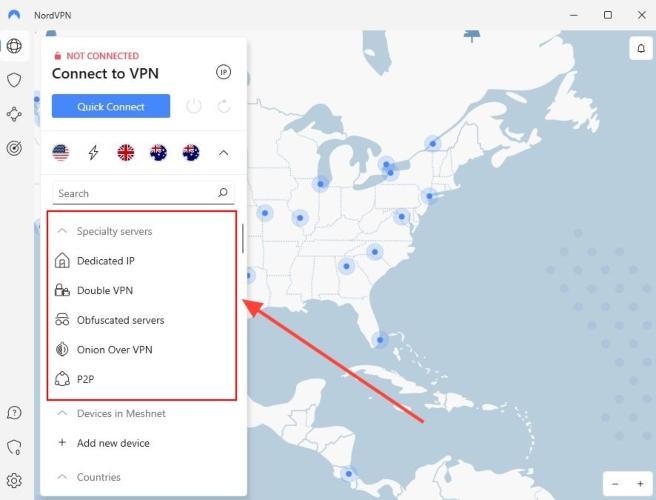 NordVPN's specialty server options.