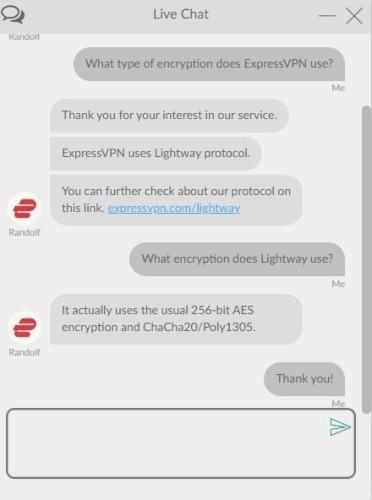 A conversation with ExpressVPN customer support through live chat.