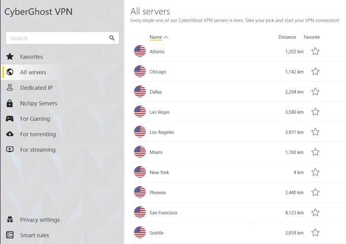 CyberGhost VPN app open on its server list page.