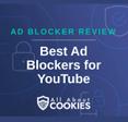 A blue background with images of locks and shields with the text &quot;Ad Blocker Review Best Ad Blockers for YouTube&quot; and the All About Cookies logo. 