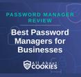A blue background with images of locks and shields with the text &quot;Password Manager Review Best Password Managers for Businesses&quot; and the All About Cookies logo. 