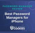 A blue background with images of locks and shields with the text &quot;Password Manager Review Best Password Managers for iPhone&quot; and the All About Cookies logo. 