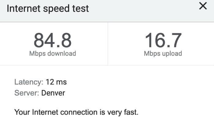 A speed test while using Proton VPN connected to a U.S. server.