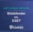 A blue background with images of locks and shields with the text &quot;Antivirus Review Bitdefender vs ESET&quot; and the All About Cookies logo. 