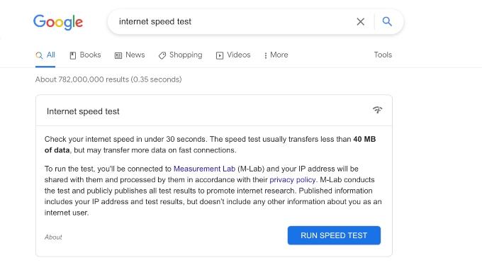 Google search of "internet speed test"
