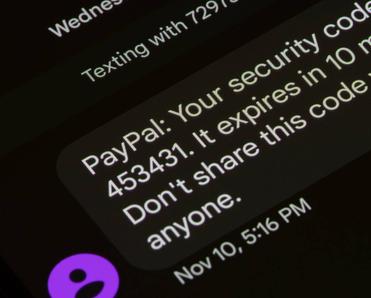 A security code text from PayPal is seen on a Google Pixel smartphone.