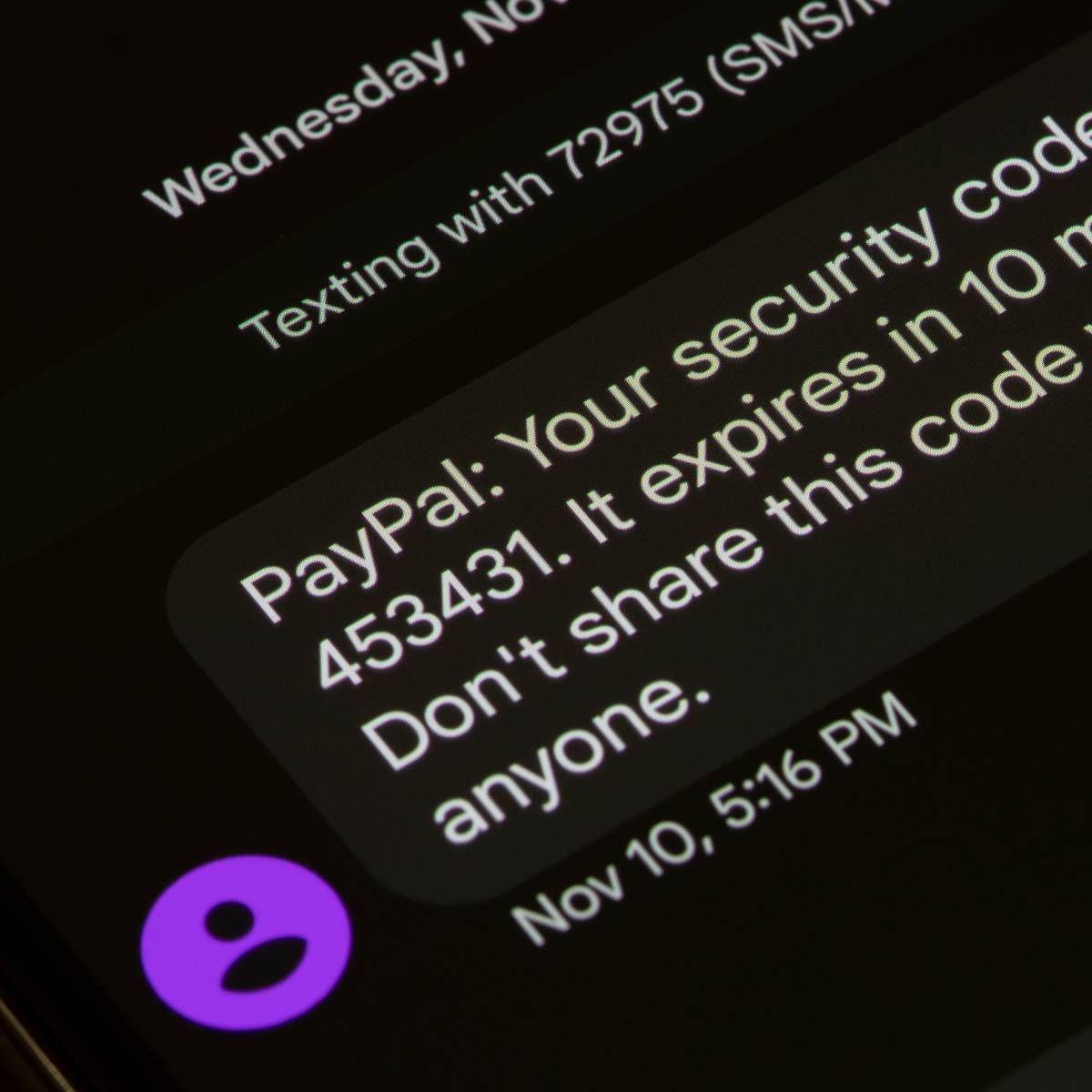 A security code text from PayPal is seen on a Google Pixel smartphone.