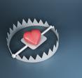 A red heart sits in the middle of a steel bear trap to signify catfishing and other romance scams