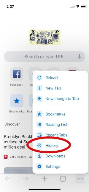 iPhone screen showing where to click on history in Chrome