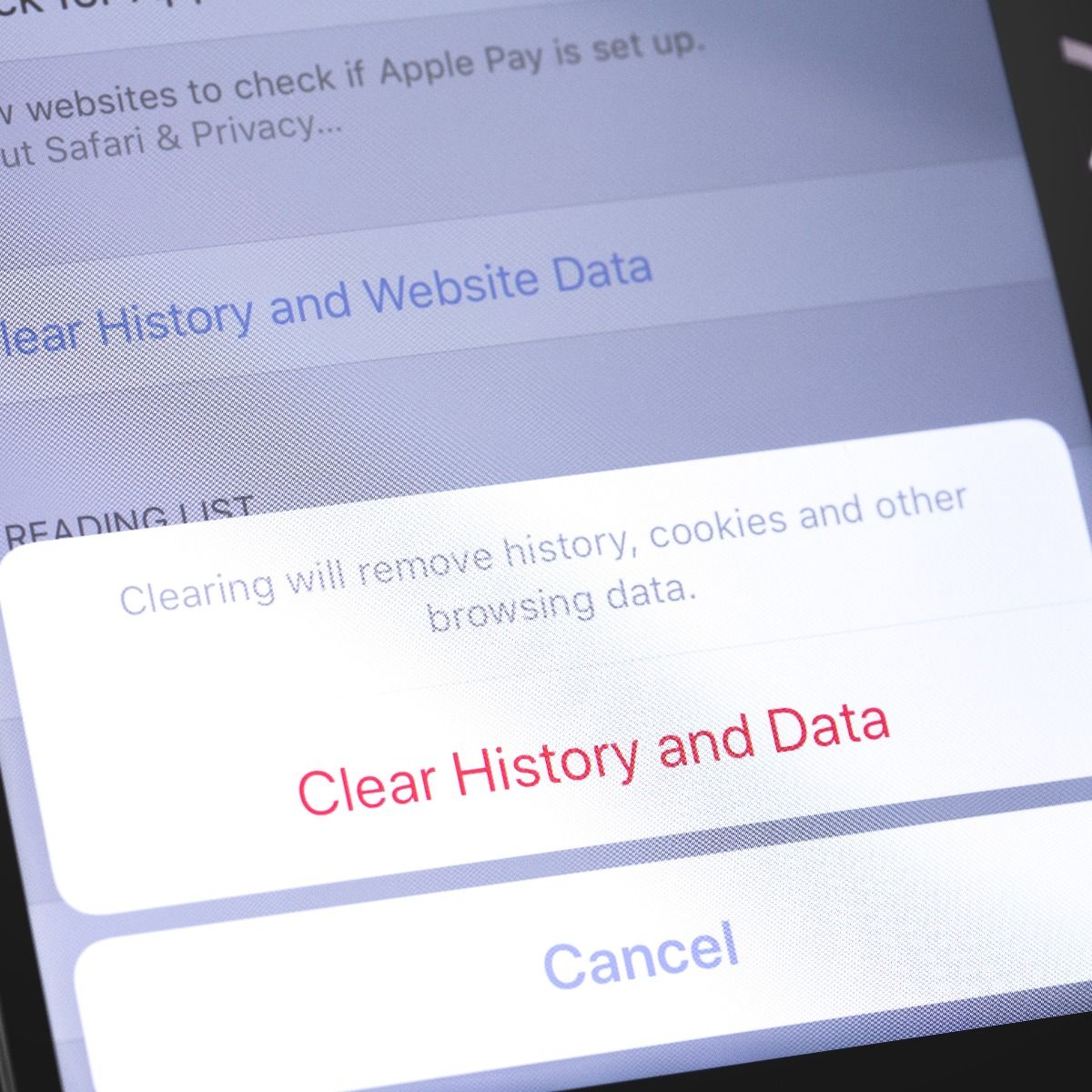 clear history and data prompt on cell phone