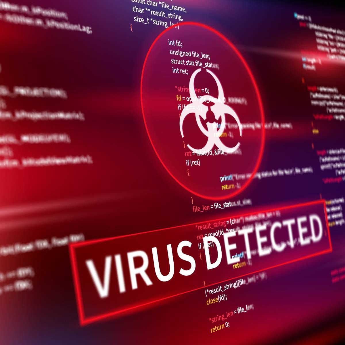 A closeup of a computer screen with the words &quot;virus detected&quot; 