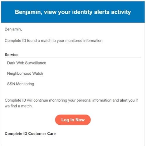 We received an email from Costco Complete ID with monitoring alerts.