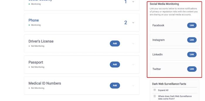 You can link social media accounts by navigating to the “Identity Monitoring” area in your account and looking down and off to the side for an almost hidden section.