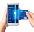 Blue credit card merging with cellphone like virtual credit card