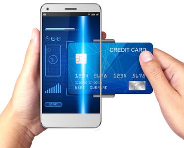 Blue credit card merging with cellphone like virtual credit card