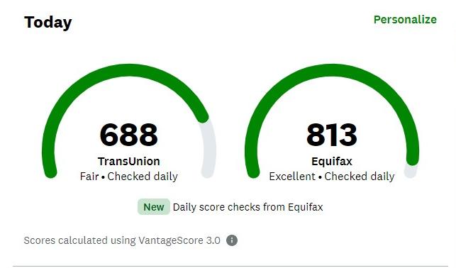Credit Karma comparison of a TransUnion credit score and an Equifax credit score.
