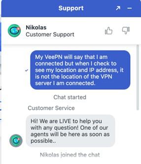 A screenshot of a chatbot conversation with VeePN customer support.