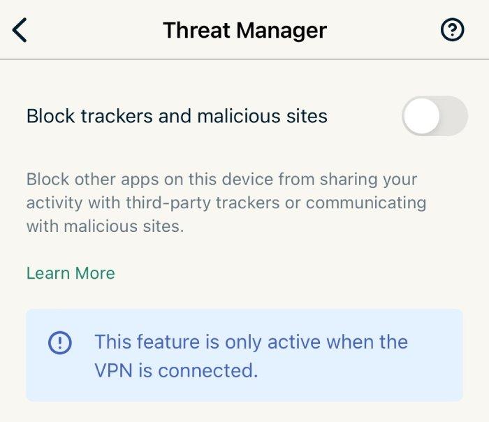 Settings for ExpressVPN's Threat Manager features for blocking trackers and malicious websites.