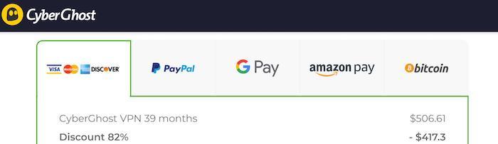 CyberGhost VPN offers a few different payment methods, including PayPal, Google Pay, Amazon Pay, and Bitcoin.