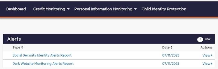 Discover also sent us a Social Security identity alerts report and a dark website monitoring alerts report.