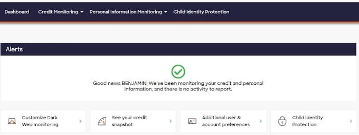 The Discover Identity Theft Protection dashboard includes credit monitoring, personal information monitoring, and child identity protection.