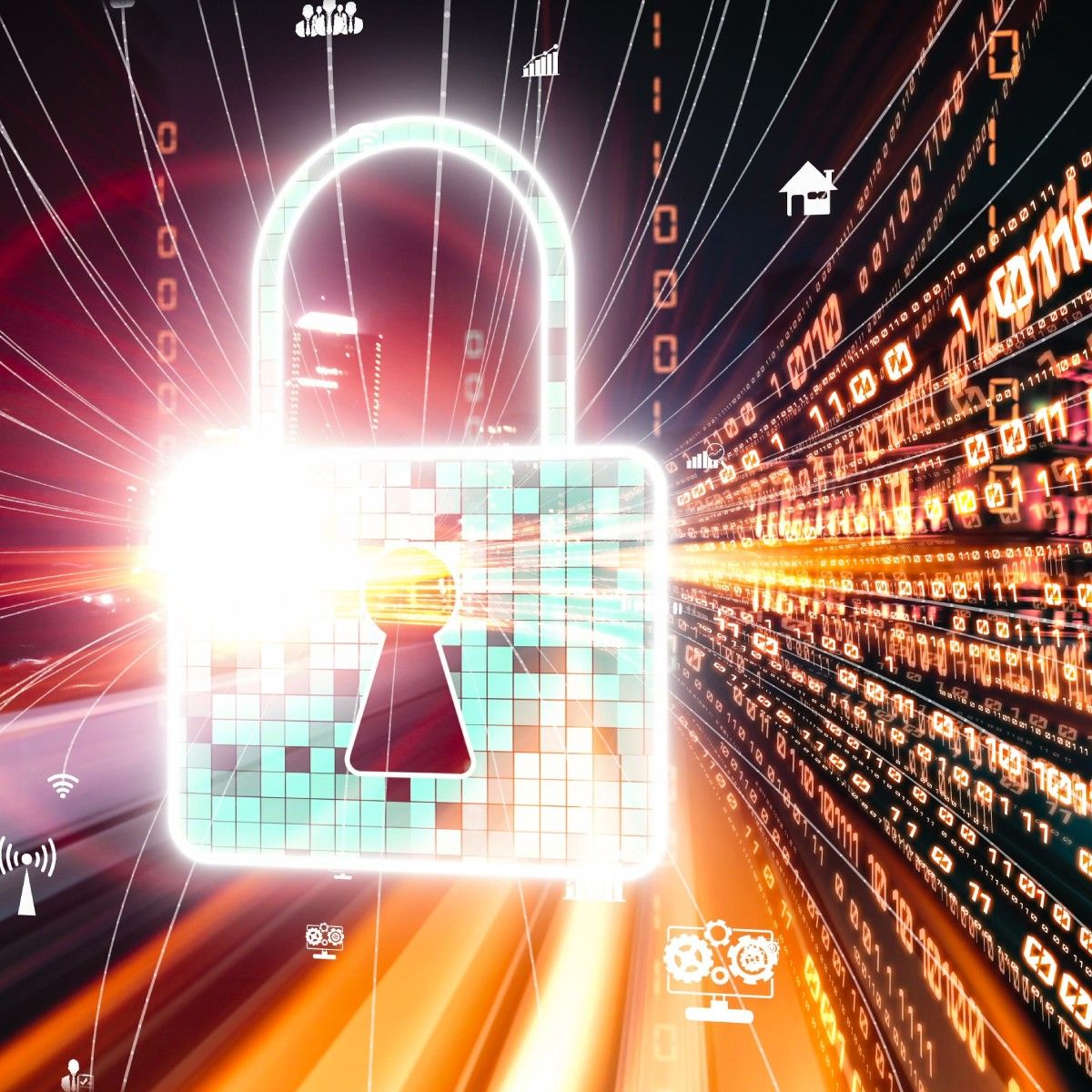 An illustration of cybersecurity concepts with a digital lock and orange and red data streaming by in zeroes and ones.