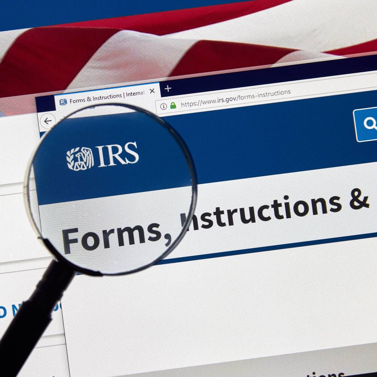 An Internal Revenue Service webpage with a magnifying glass on the word forms.