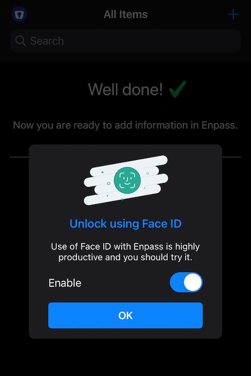 The Enpass mobile app allows you to use Face ID, a form of biometric login, to open the app.